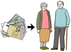 Das Bild zeigt ein Rentner-Paar und Gelscheine