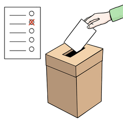 Das Bild zeigt eine Wahlurne und einen Wahlschein