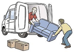 Das Bild zeigt einen Umzugswagen und zwei Personen, die etwas einladen
