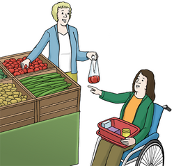 Das Bild zeigt eine Rollstuhlfahrerin beim Einkaufen