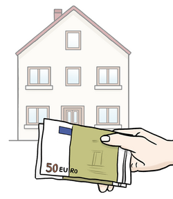 Das Bild zeigt eine Hand mit Geld vor einem Haus