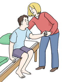 Das Bild zeigt eine Frau, die sich um einen Mann kümmert