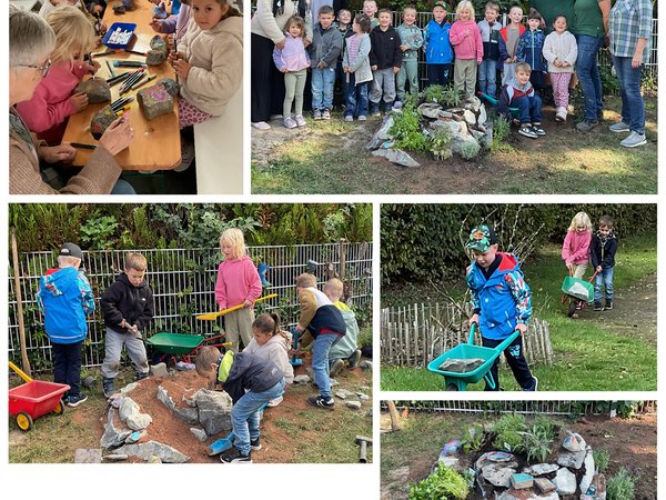 14 Mädchen und Jungen der Kita Feldmäuse haben im Rahmen der landesweiten Aktion „Kleine Landschaftsgärtner“ eine Kräuterspirale gestaltet.