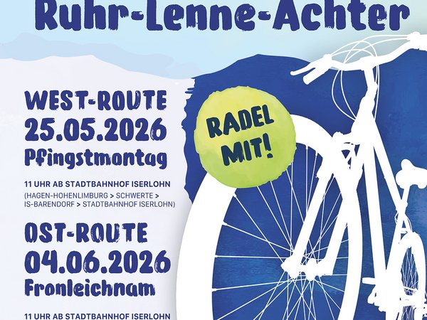 Zu zwei Jubiläumstouren über den Ruhr-Lenne-Achter laden der Märkische Kreis, der ADFC, die Stadt Iserlohn sowie die Städte Hemer, Menden, Schwerte, Fröndenberg und Hagen alle Interessierten Radfahrfans ein.