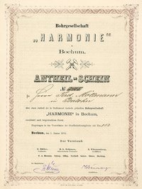 Anteilsschein der Bochumer Bohrgesellschaft "Harmonie", 1874