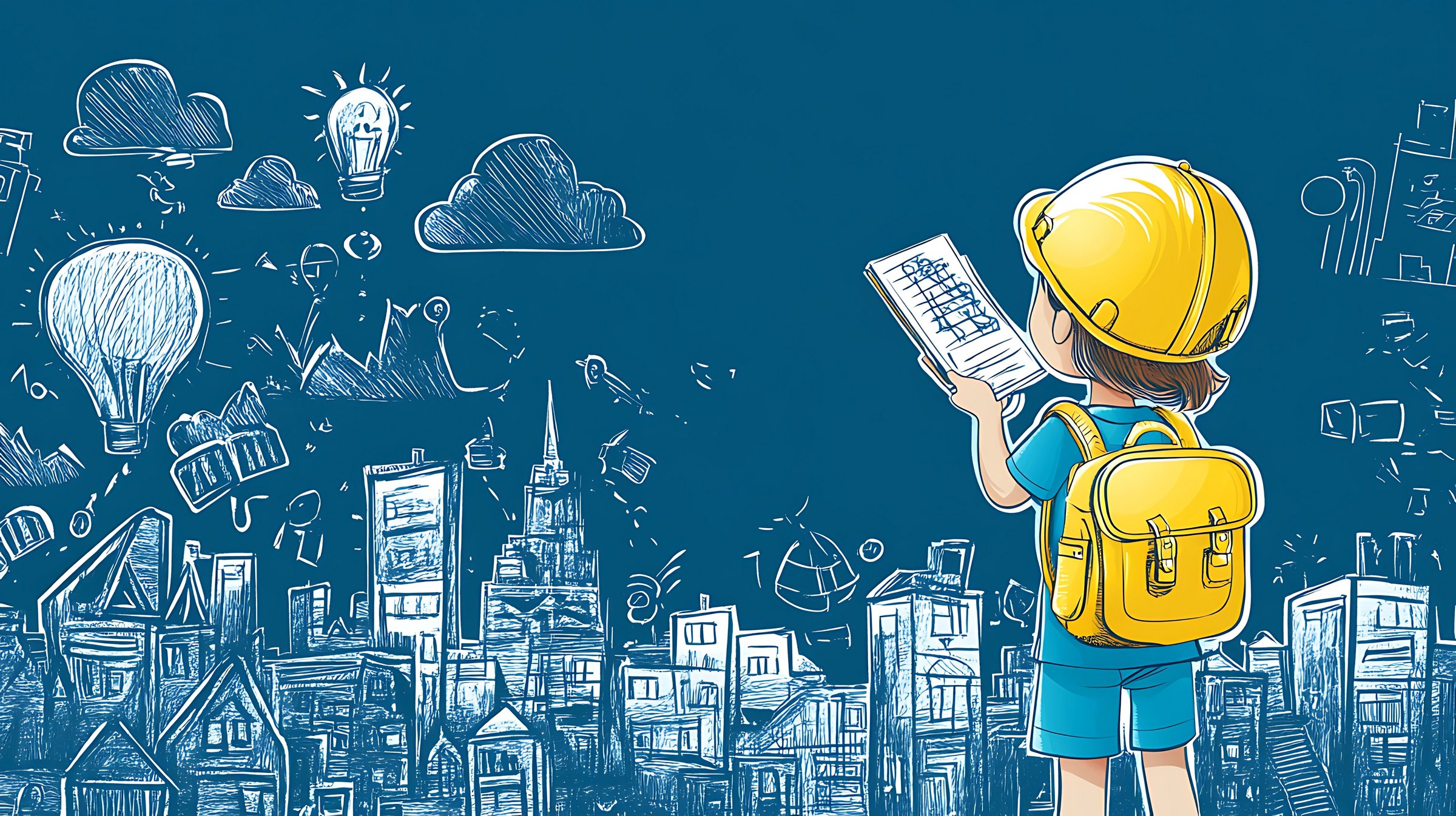 Das Bild zeigt ein Kind als Architekt mit einer Zeichnung einer Stadt