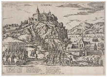Übergabe der Limburg im November 1584 an Truppen des Kurfürsten Ernst von Bayern während des Kölnischen Kriegs. Kupferstich, Franz Hogenberg, um 1590. (Historisches Centrum Hagen / Foto: Stadtarchiv Hagen)
