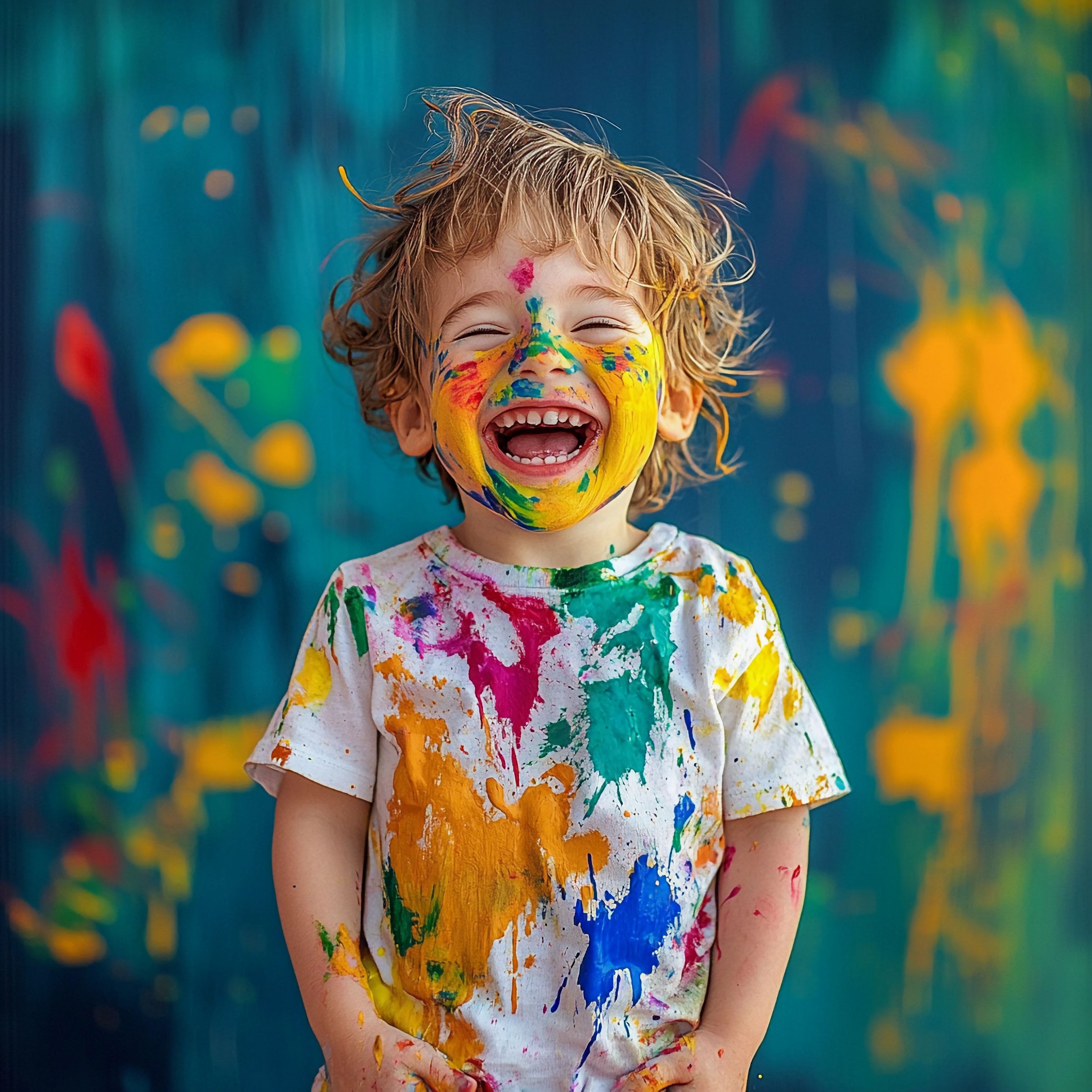 Das Bild zeigt einen mit Farbe beschmierten kleinen Jungen