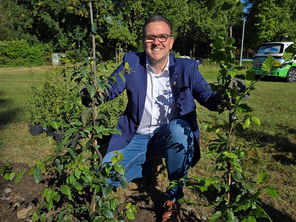 Bürgermeister Michael Joithe pflanzt Bäume.
