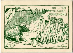 Postkarte „60 Jahre Dechenhöhle 1868-1928“ mit einer Zeichnung des Iserlohner Künstlers C. Willy Vogt (Stadtarchiv Iserlohn). 