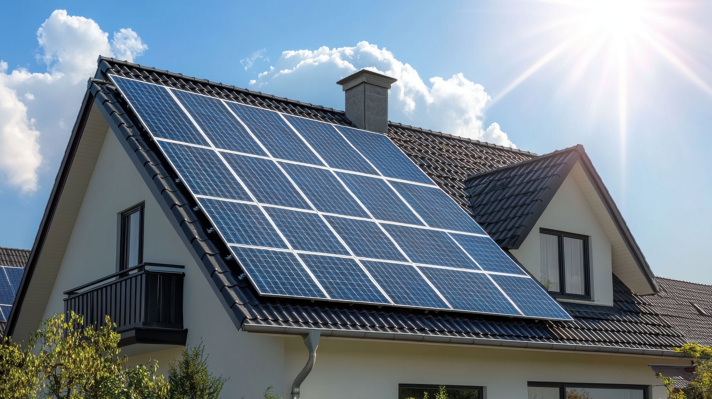 Das Bild zeigt ein Haus mit Solarpanelen auf dem Dach
