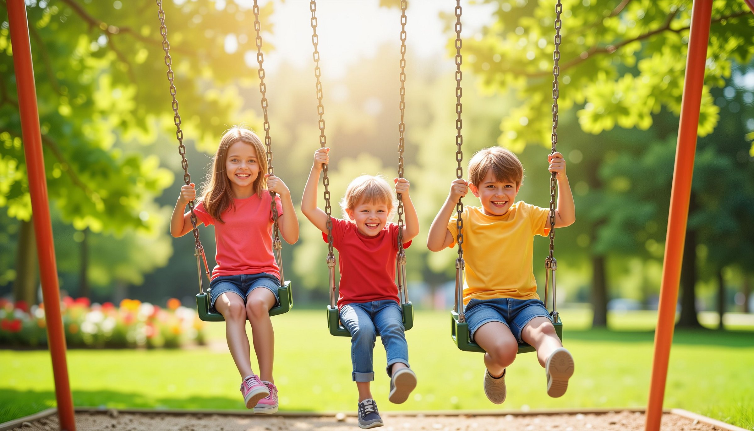 Das Bild zeigt drei Kinder auf Schaukeln