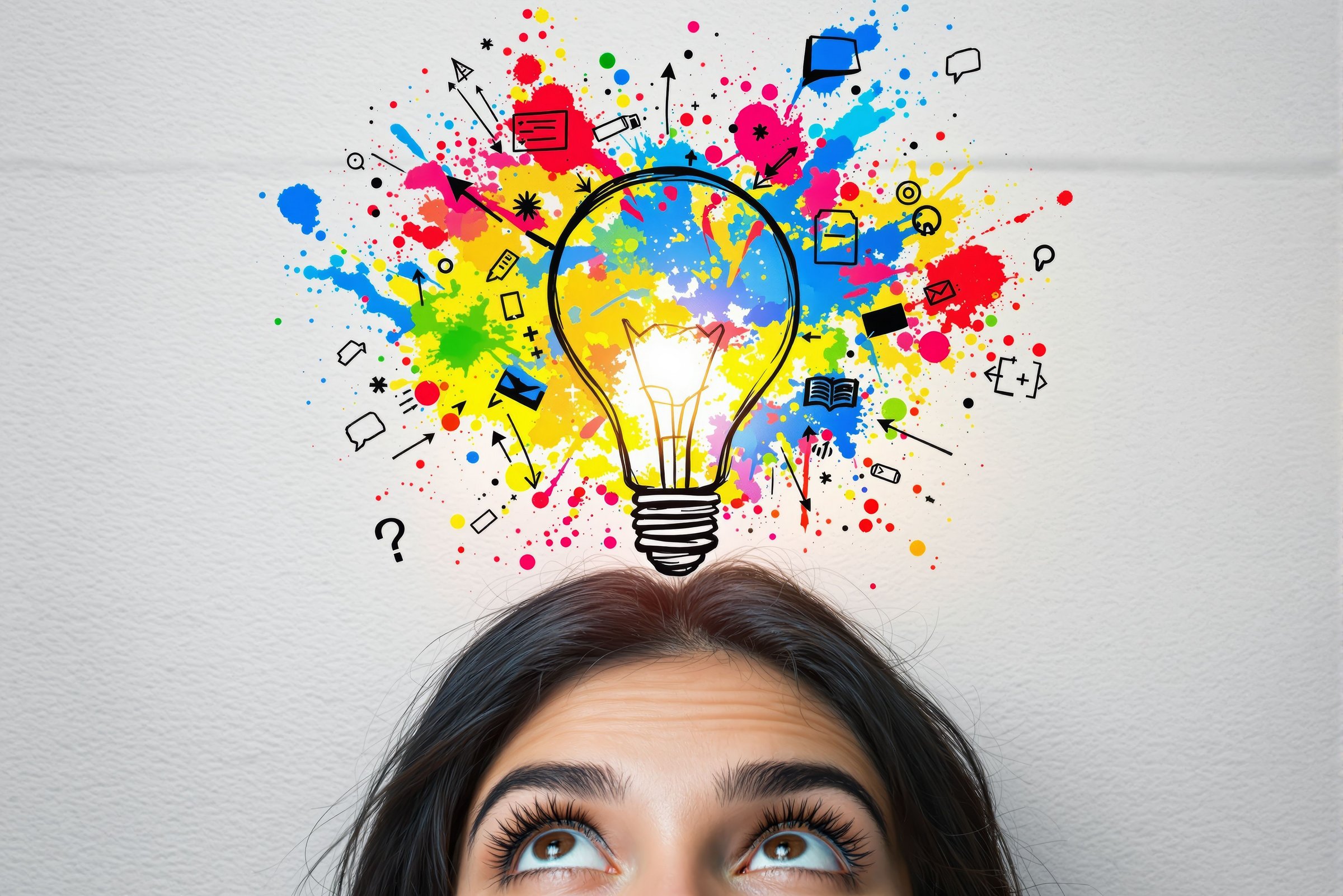 Das Bild zeigt den Kopf einer Frau, eine bunte Glühbirne und Symbole.