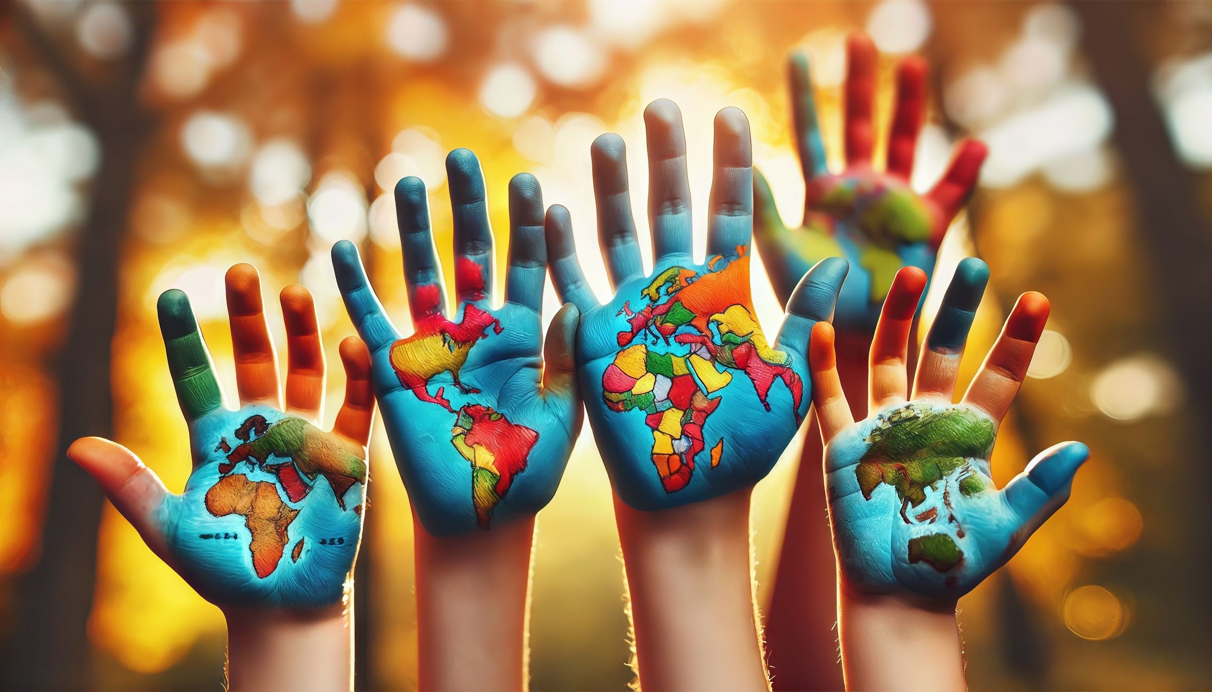 Das Bild zeigt Kinderhände mit aufgemalter Weltkarte.