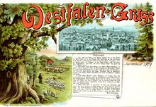 Das Bild zeigt eine historische Ansichtskarte mit dem Text des Westfalenliedes von Emil Rittershaus, um 1899