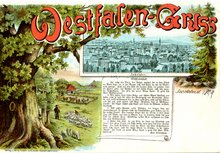 Das Bild zeigt eine historische Ansichtskarte mit dem Text des Westfalenliedes von Emil Rittershaus, um 1899