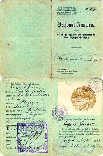Personalausweis des Baumeisters August Jonas aus Hennen für die Einreise in das besetzte Gebiet (Ruhrgebiet), 1924