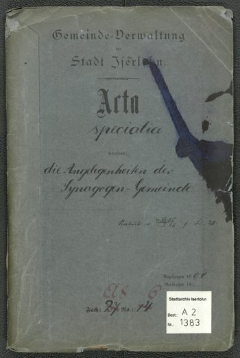 Aktendeckel einer städtischen Akte über Angelegenheiten der Iserlohner Synagogen-Gemeinde