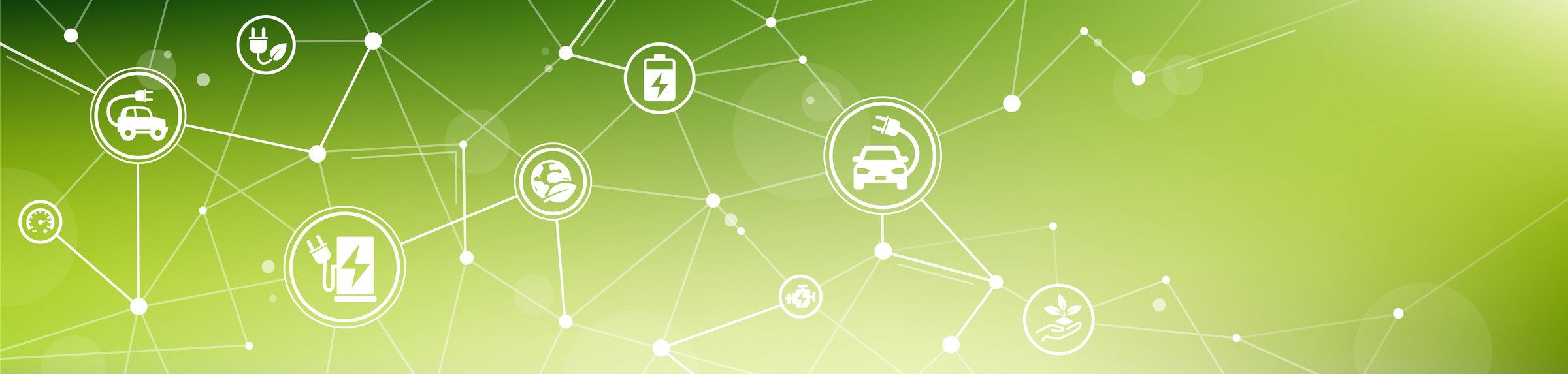 Das Bild zeigt vernetzte E-Mobilität-Symbole
