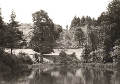 Das Bild ist von 1955 und zeigt eine Ansicht des Danzturmes vom Rupenteich aus.