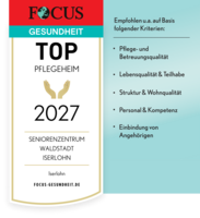 FOCUS-Siegel "TOP Pflegeheim 2027 - Seniorenzentrum Waldstadt Iserlohn"