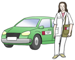 Das Bild zeigt ein Auto und einen Pflegedienst-Mitarbeiter