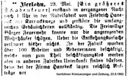 Das Bild zeigt einen Zeitungssausschnitt zum Feuer in der Nadelfabrik Hanebeck