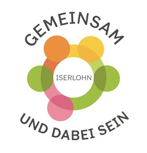 im Kreis angeordneter Text Gemeinsam und dabei sein. Darin farbige Kreise, ebenfalls im Kreis angeordet