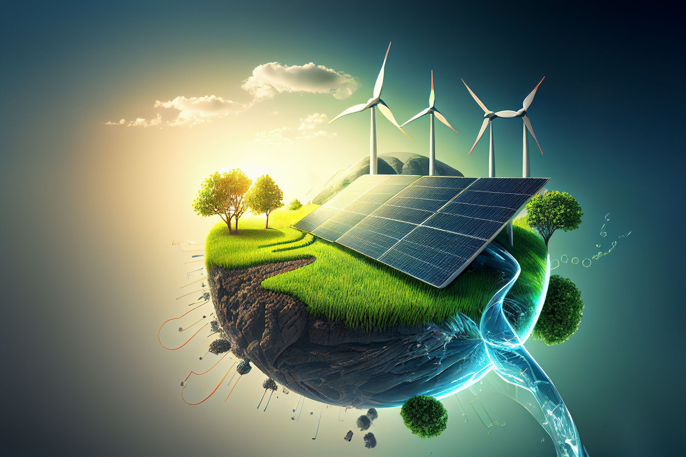Das Bild zeigt verschiedene erneuerbare Energien