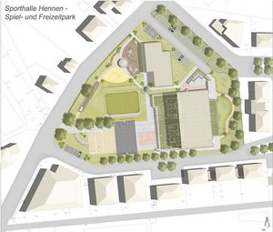 Das Bild zeigt einen Plan der neuen Zweifachturnhalle in Hennen