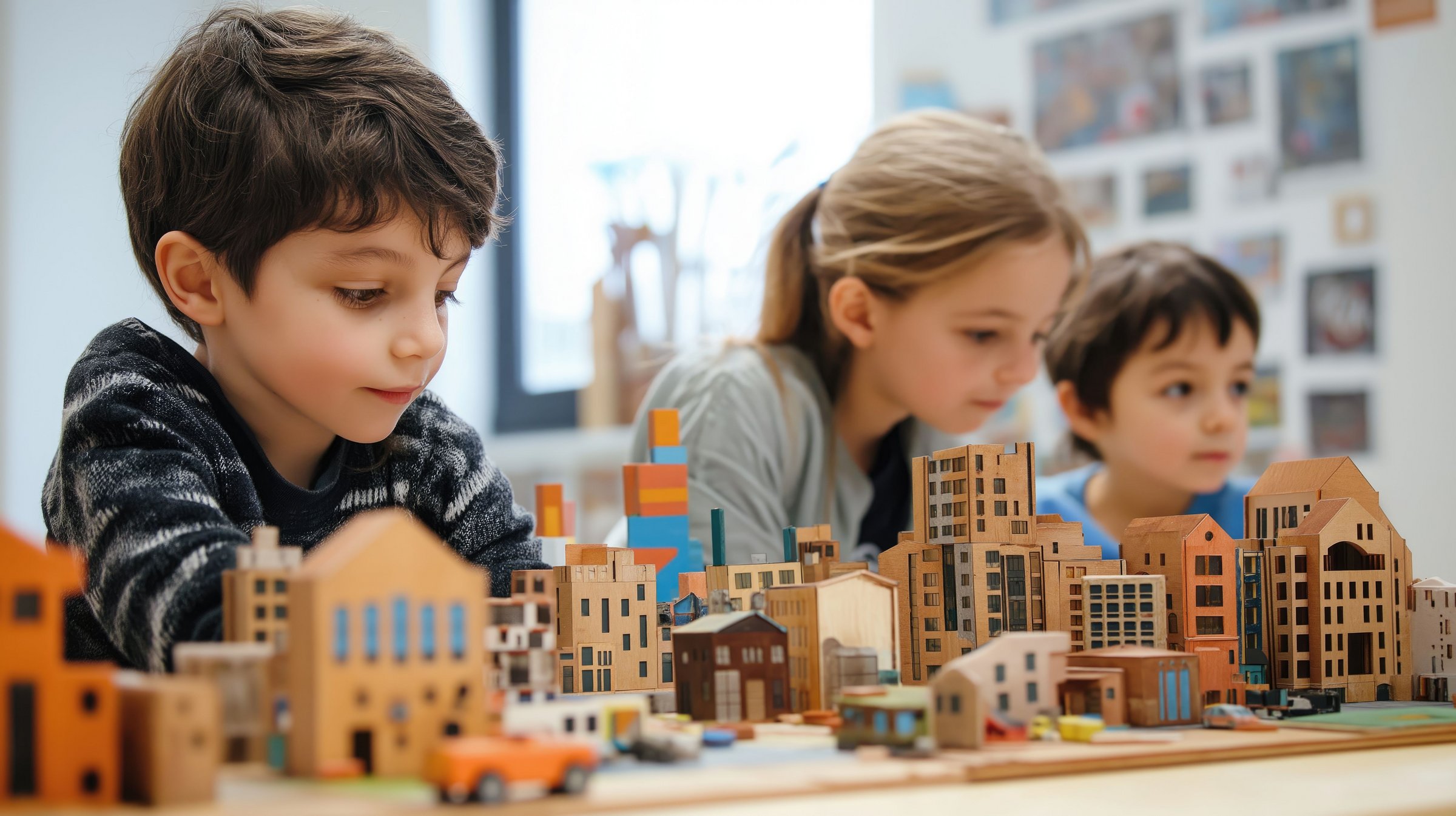 Das Bild zeigt Kinder mit einer Miniatur-Stadt