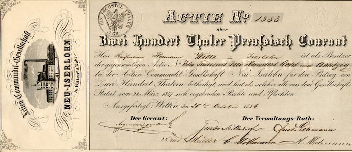 Aktie der Aktien-Kommandit-Gesellschaft Neu-Iserlohn, 1858