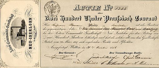Aktie der Aktien-Kommandit-Gesellschaft Neu-Iserlohn, 1858