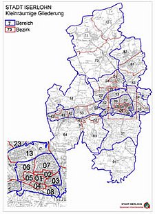 Das Iserlohner Stadtgebiet, aufgeteilt in Statistikbezirke