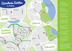 Das Bild zeigt einen Stadtplan, in dem die Standorte von öffentliche Toiletten eingezeichnet sind.