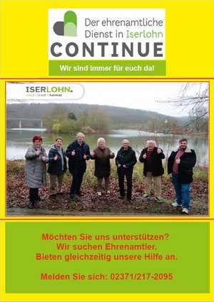 Titelseite der Zeitung zeigt auf gelben Hintergrund Logo Der ehrenamtliche Dienst in Iserlohn Continue. Text Wir sind immer für euch da!, Logo Iserlohn Wald Stadt Heimat, Foto von 7 Personen mit dem Seilersee im Hintergrund, Personen zeigen die Faust mit erhobenen Daumen, Text Möchten Sie uns unterstützen? Wir suchen Ehrenamtliche. Bieten gleichzeitig unsere Hilfe an. Melden Sie sich: 02371/217-2095
