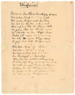 Die ersten beiden Strophen des 1869 verfassten „Westfalenliedes“, Reinschrift von Emil Rittershaus im Stadtarchiv Iserlohn