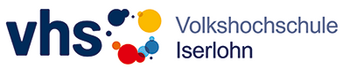Schriftzug VHS Volkshochschule Iserlohn und mehrere bunte im Kreis angeordnete Fabklekse