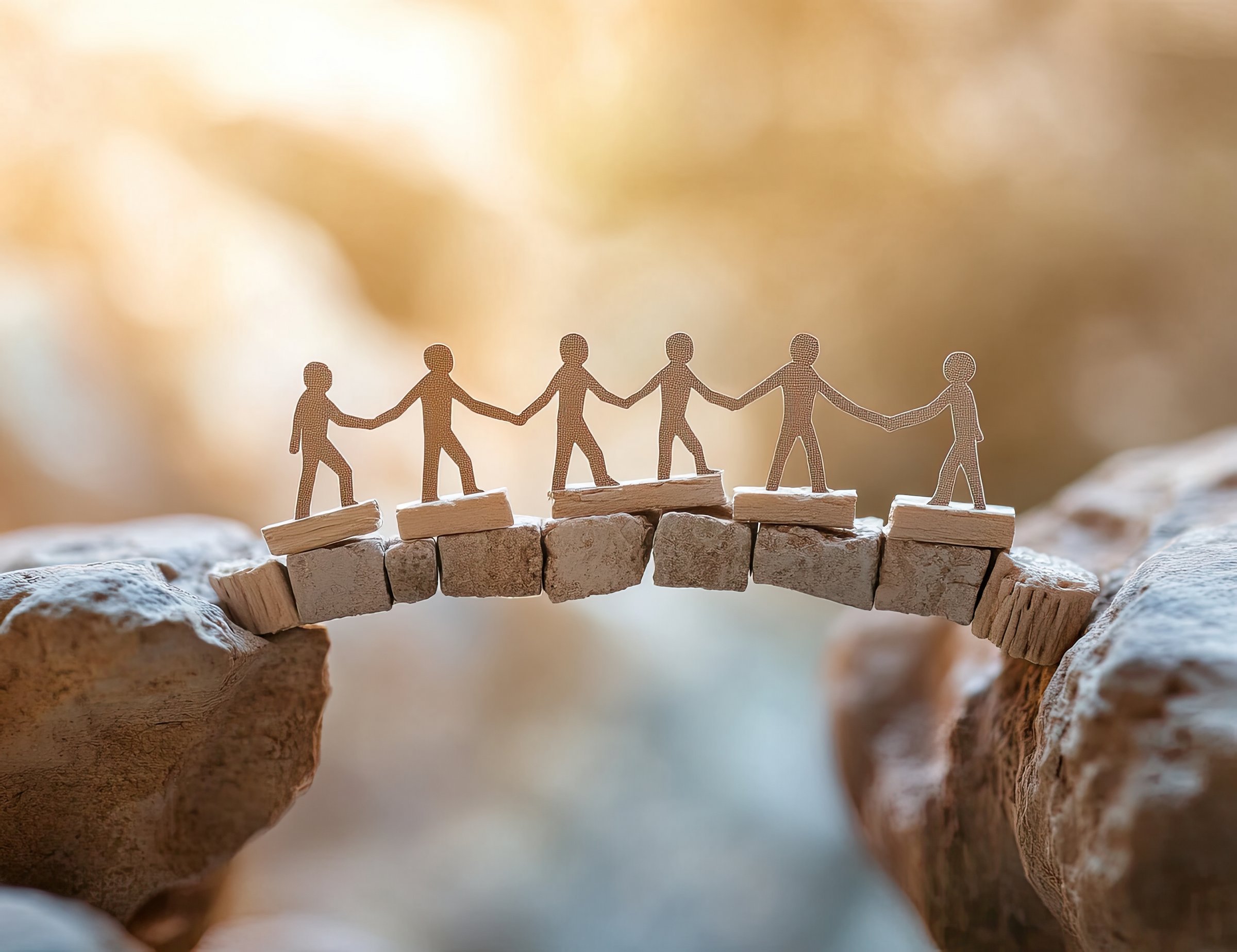 Das Bild zeigt eine Gruppe Menschen aus Pappe, die sich über eine Brücke helfen