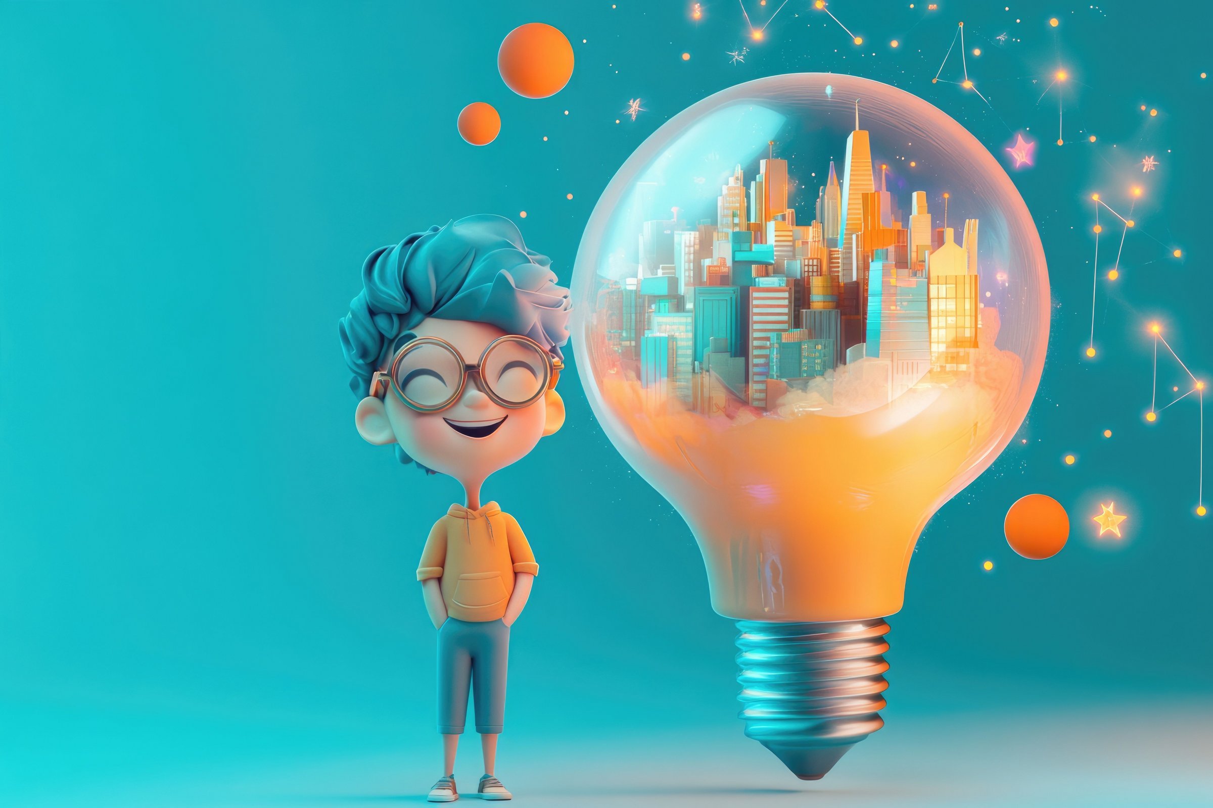 Das Bild zeigt einen Jungen und eine Glühbirne in die eine Stadt eingebettet ist