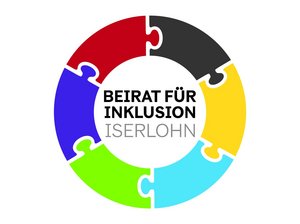 Logo des Beirates, farbige Puzzleteile bilden einen Kreis, Darin die Bezeichnung Beirfat für inklusion Iserlohn