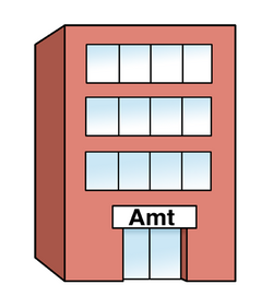 Das Bild zeigt ein Haus mit der Aufschrift "Amt"