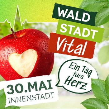 Das Bild zeigt einen Apfel und den Schriftzug "Wald Stadt Vital"