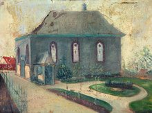Synagoge der jüdischen Gemeinde Iserlohn, Ansicht von der Mendener Straße, um 1910/30, undatiertes und unsigniertes Ölgemälde (Stadtarchiv Iserlohn).