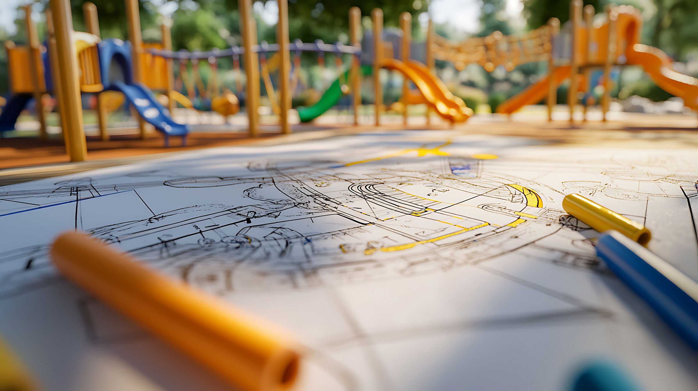 Das Bild zeigt einen Spielplatz und Planungsunterlagen und Stifte