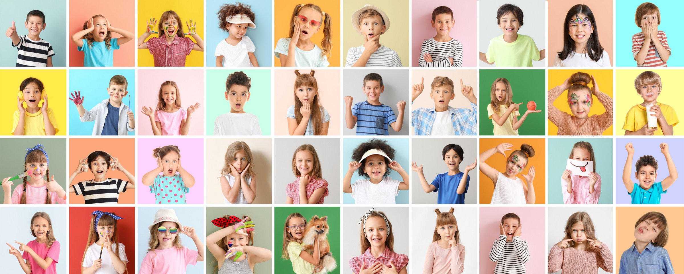 Das Bild zeigt eine Collage aus verschiedenen Kindern vor buntem Hintergrund
