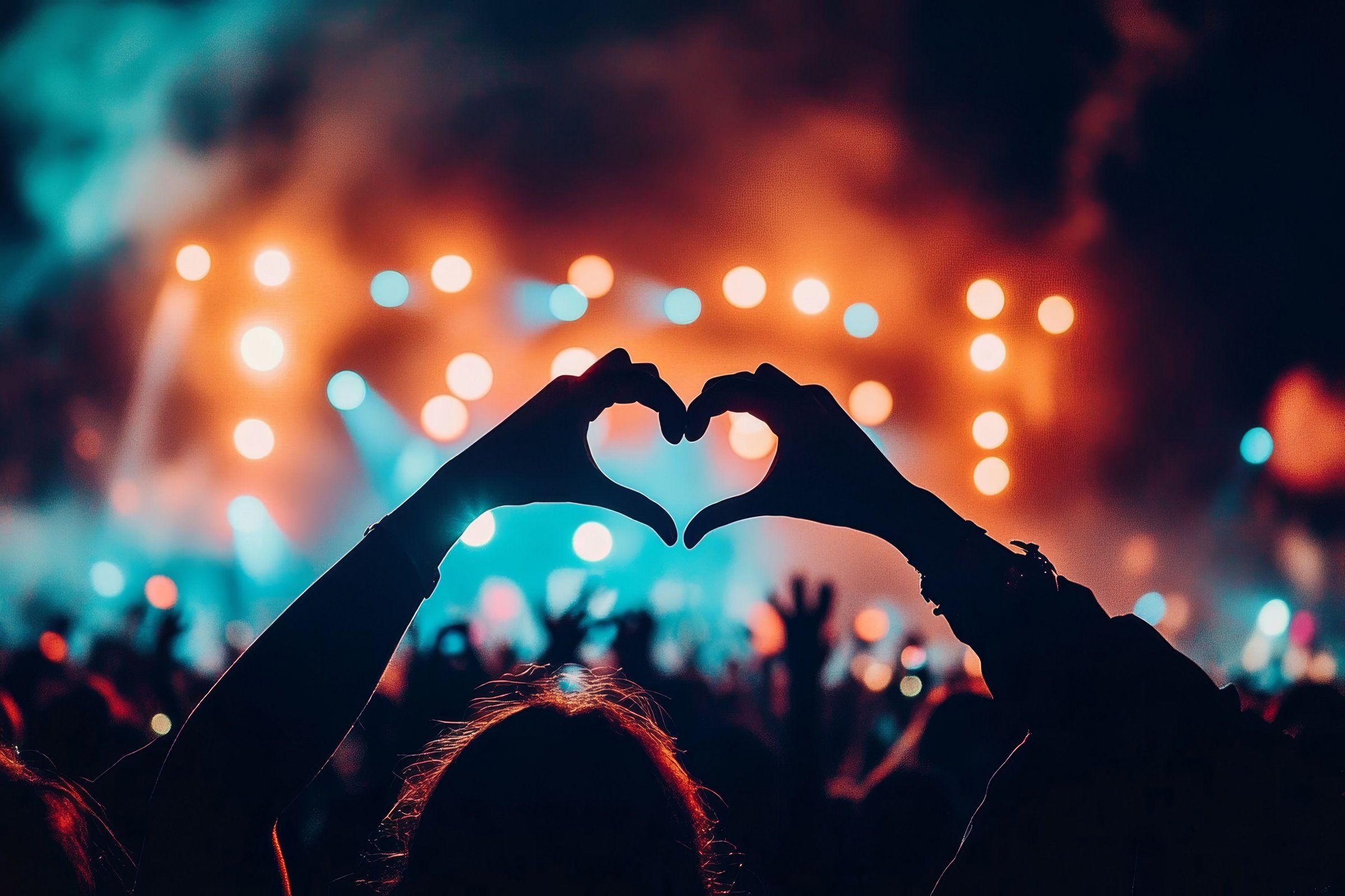 Das Bild zeigt eine Menschenmenge und zwei Hände, die ein Herz formen