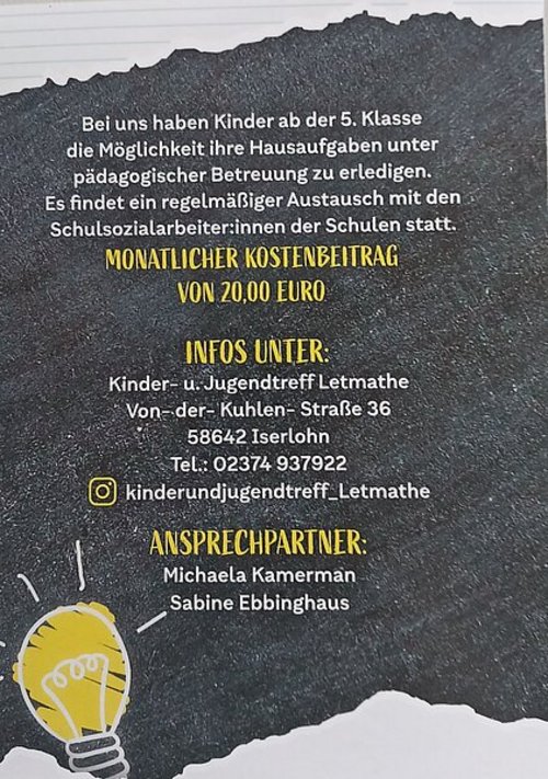 Das Bild zeigt das Plakat zur Hausaufgabenbetreuung in Letmathe