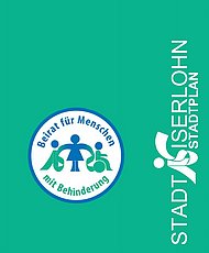 Titelseite des Stadtplanes mit der Aufschrift Stadt Iserlohn Stadtplan und dem Logo des Beirates für Menschen mit Behinderung