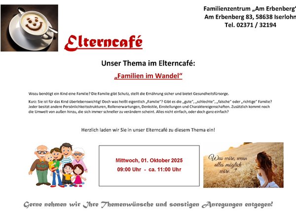 Das Familienzentrum Erbenberg lädt ein zum Elterncafe.